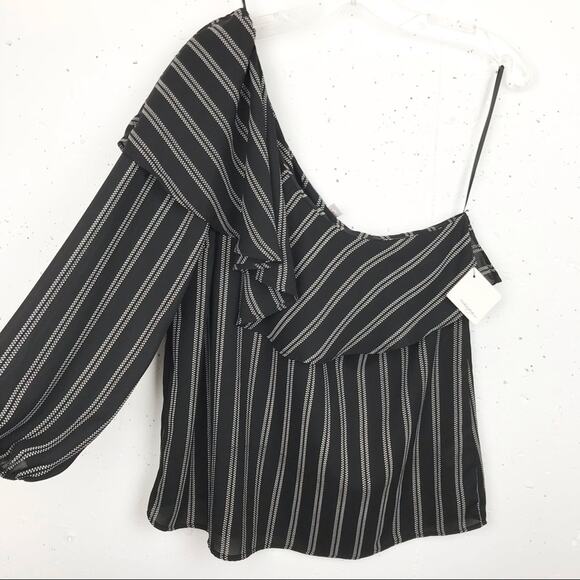 Halogen One Shoulder Ruffle Stripe Blouse Black Sm - Picture 1 of 11